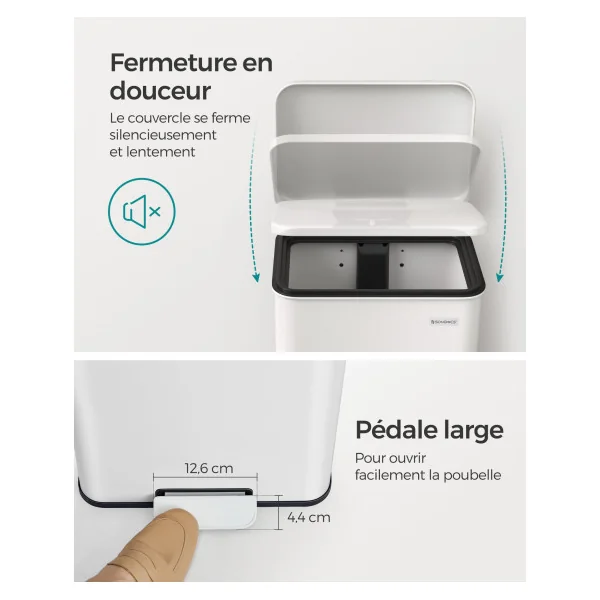 Poubelle de Cuisine à Pédale en Acier 40L Blanc avec Couvercle