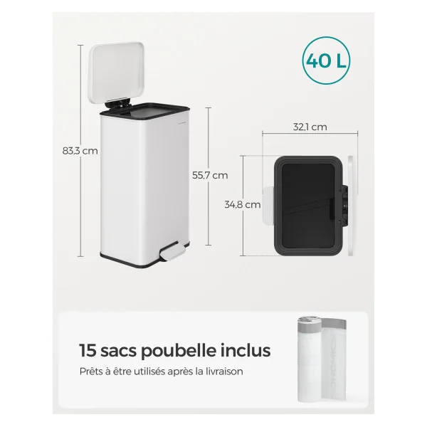 Poubelle de Cuisine à Pédale en Acier 40L Blanc avec Couvercle