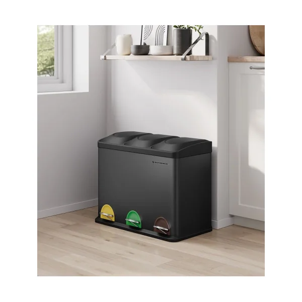Poubelle de Tri à 3 Compartiments 45L avec Seaux Intérieurs Poubelle en Acier3 x 15L Noir
