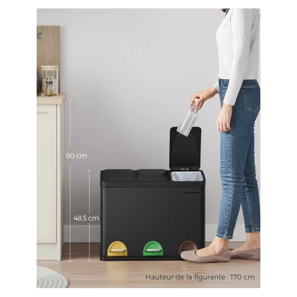 Poubelle de Tri à 3 Compartiments 45L avec Seaux Intérieurs Poubelle en Acier3 x 15L Noir