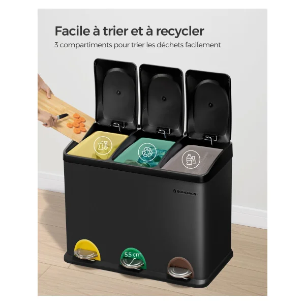 Poubelle de Tri à 3 Compartiments 45L avec Seaux Intérieurs Poubelle en Acier3 x 15L Noir