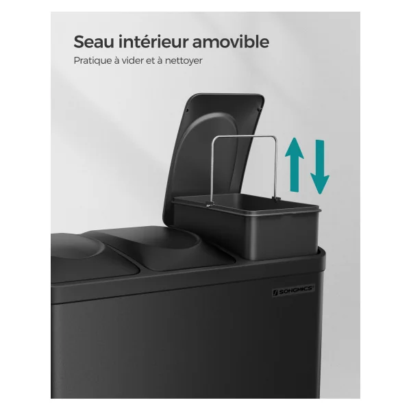 Poubelle de Tri à 3 Compartiments 45L avec Seaux Intérieurs Poubelle en Acier3 x 15L Noir