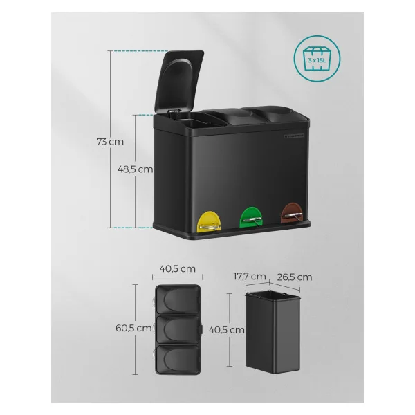 Poubelle de Tri à 3 Compartiments 45L avec Seaux Intérieurs Poubelle en Acier3 x 15L Noir