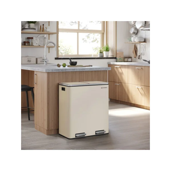Poubelle en Acier 2x30L Blanc Cassé Poubelle avec Double Compartiment Anti-Traces de Doigts