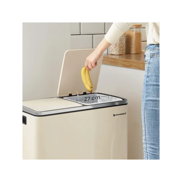 Poubelle en Acier 2x30L Blanc Cassé Poubelle avec Double Compartiment Anti-Traces de Doigts