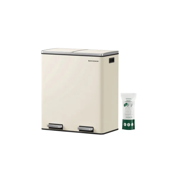 Poubelle en Acier 2x30L Blanc Cassé Poubelle avec Double Compartiment Anti-Traces de Doigts