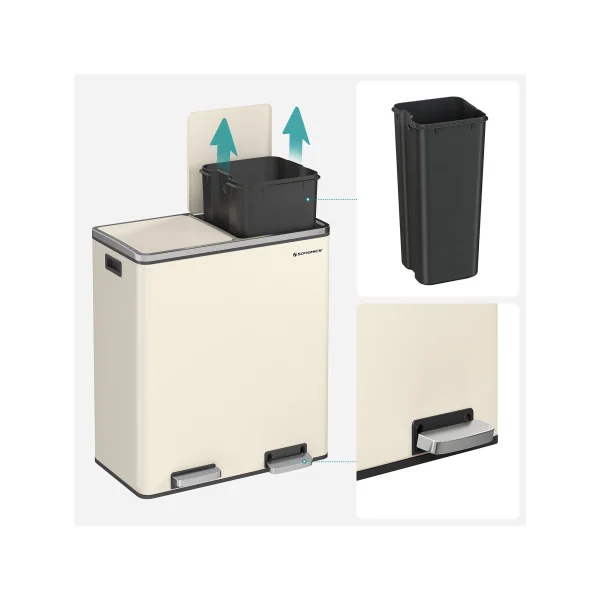 Poubelle en Acier 2x30L Blanc Cassé Poubelle avec Double Compartiment Anti-Traces de Doigts