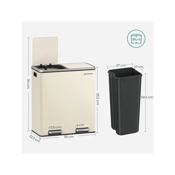 Poubelle en Acier 2x30L Blanc Cassé Poubelle avec Double Compartiment Anti-Traces de Doigts