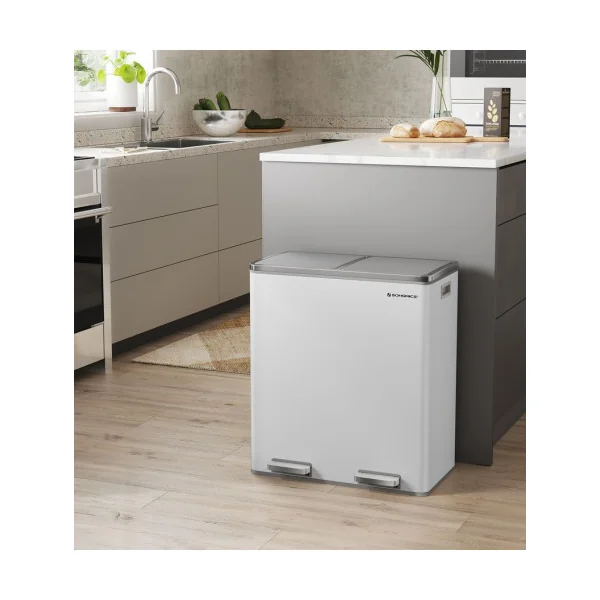 Poubelle en Acier 2x30L Blanc Poubelle avec Double Compartiment Anti-Traces de Doigts