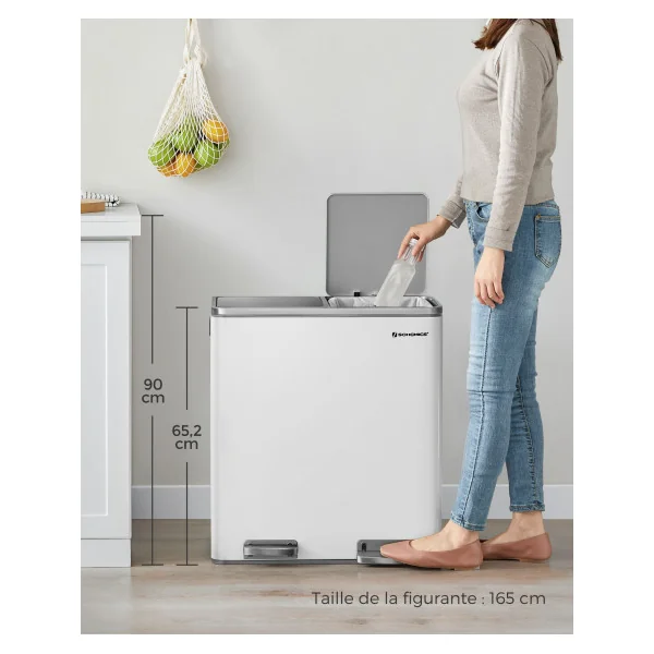 Poubelle en Acier 2x30L Blanc Poubelle avec Double Compartiment Anti-Traces de Doigts