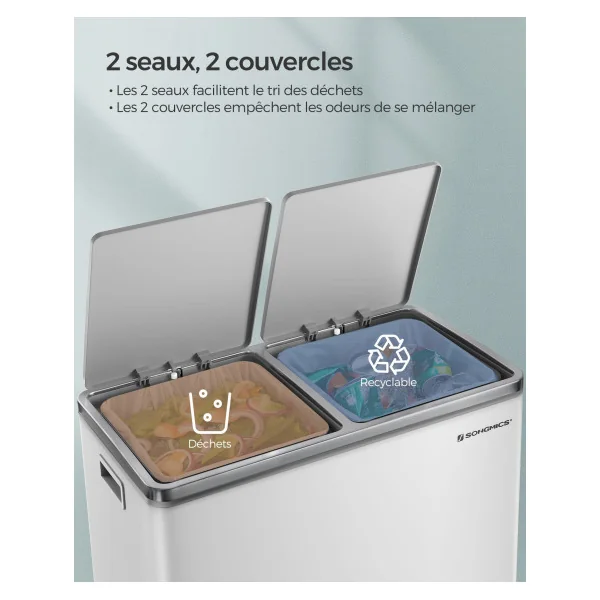 Poubelle en Acier 2x30L Blanc Poubelle avec Double Compartiment Anti-Traces de Doigts