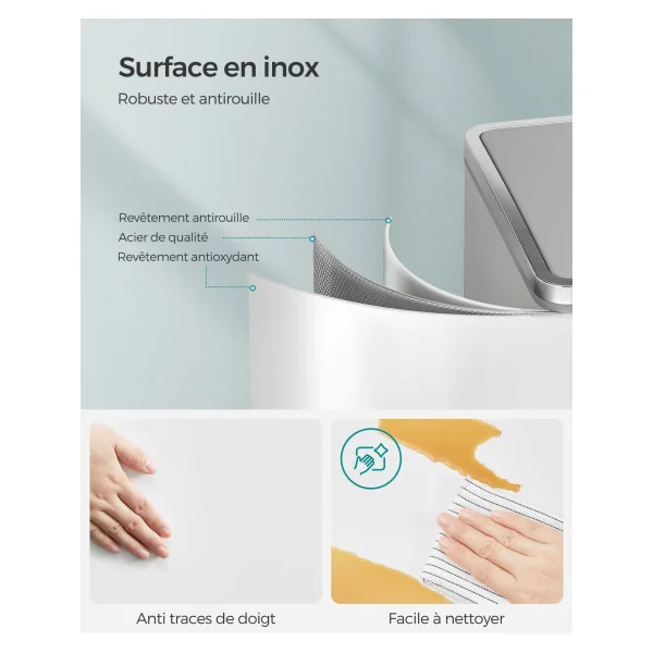Poubelle en Acier 2x30L Blanc Poubelle avec Double Compartiment Anti-Traces de Doigts