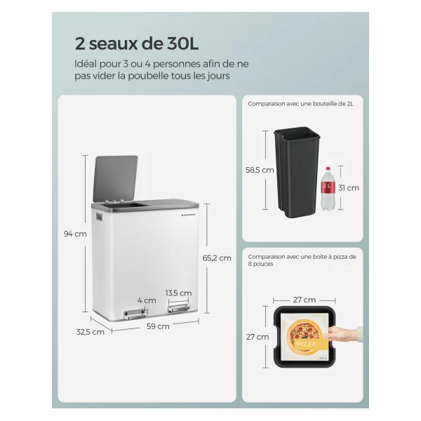 Poubelle en Acier 2x30L Blanc Poubelle avec Double Compartiment Anti-Traces de Doigts