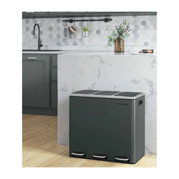 Poubelle en Acier 3x18L Gris Verdâtre Poubelle avec Triple Compartiments