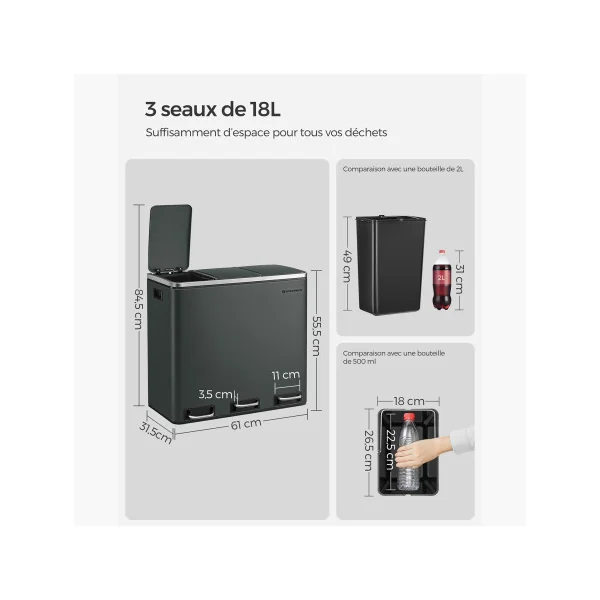 Poubelle en Acier 3x18L Gris Verdâtre Poubelle avec Triple Compartiments