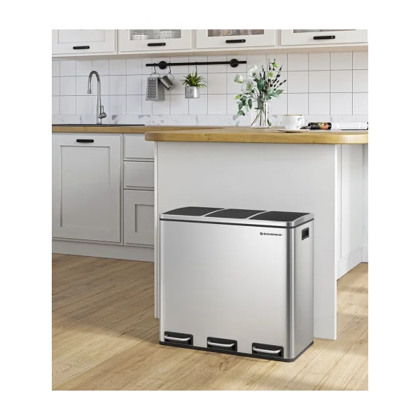 Poubelle en Acier 3x18L Métallisé Poubelle avec Triple Compartiments