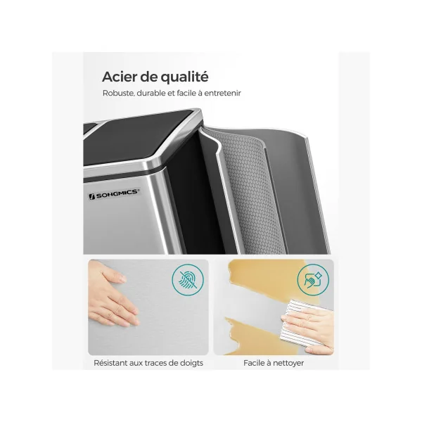 Poubelle en Acier 3x18L Métallisé Poubelle avec Triple Compartiments