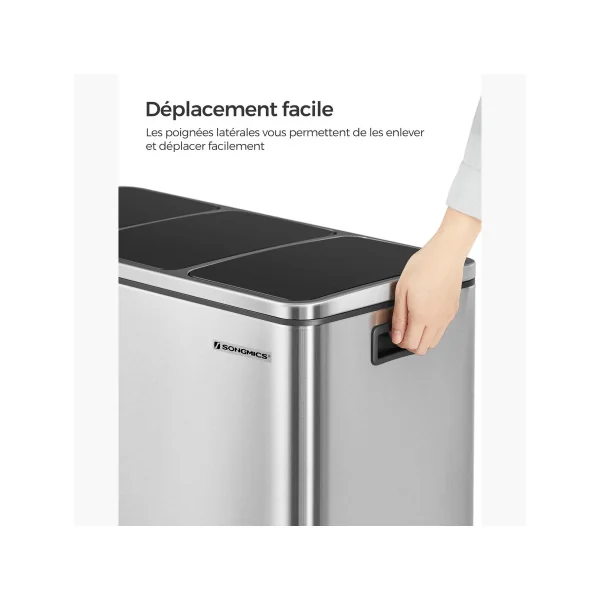 Poubelle en Acier 3x18L Métallisé Poubelle avec Triple Compartiments