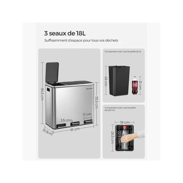 Poubelle en Acier 3x18L Métallisé Poubelle avec Triple Compartiments