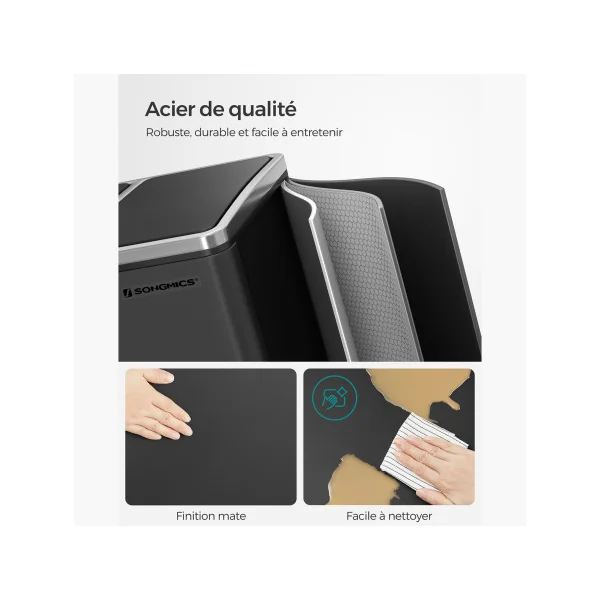 Poubelle en Acier 3x18L Noir Poubelle avec Triple Compartiments