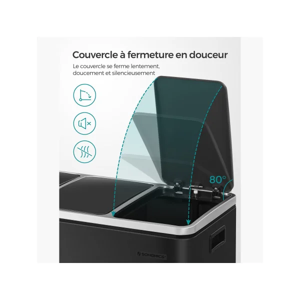 Poubelle en Acier 3x18L Noir Poubelle avec Triple Compartiments