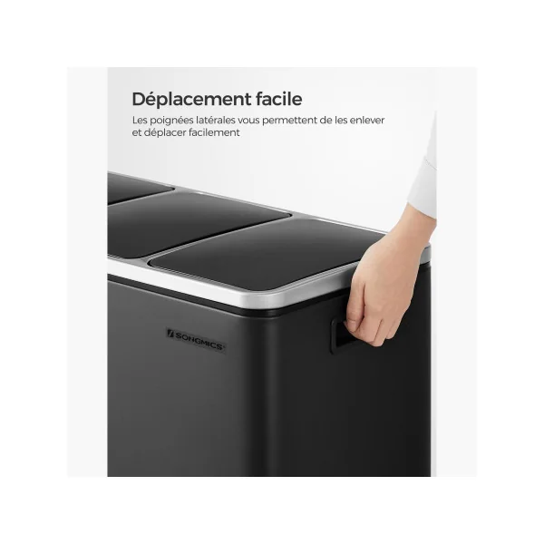 Poubelle en Acier 3x18L Noir Poubelle avec Triple Compartiments