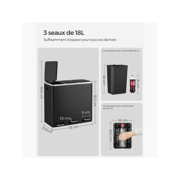 Poubelle en Acier 3x18L Noir Poubelle avec Triple Compartiments