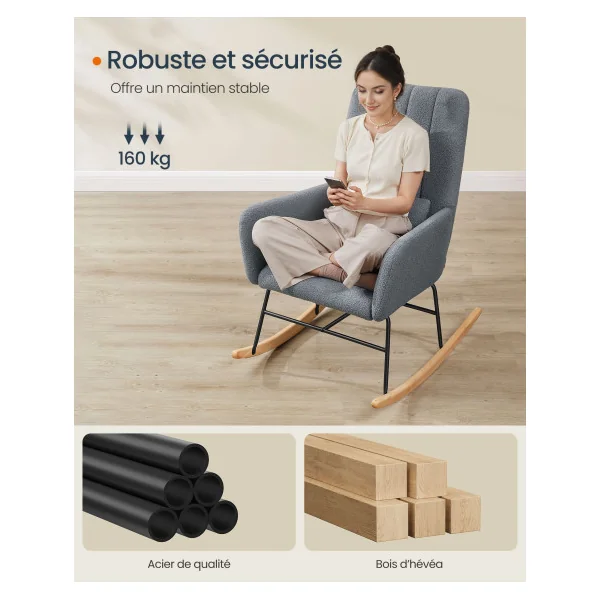 Rocking-chair Gris Fauteuil à Bascule avec Accoudoirs Tissu Peluche Gris