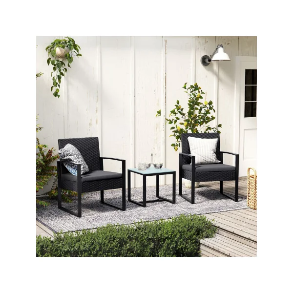 Salon de Jardin 3 Pièces Résine Tressée Noir 2 Canapés 1 Table Basse