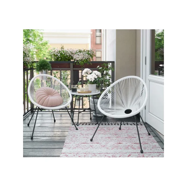 Salon de Jardin Blanc 1 Table Plateau Verre 2 Chaises en Cordons en Polyéthylène