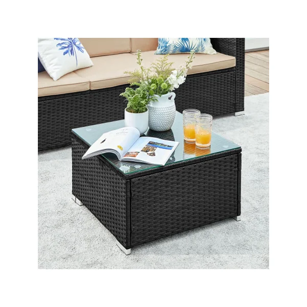Salon de Jardin en Résine Tressée Noir 5 Pièces Ensemble de Mobilier Extérieur Table Basse Plateau Verre