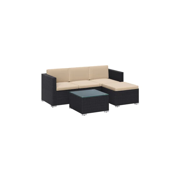 Salon de Jardin en Résine Tressée Noir 5 Pièces Ensemble de Mobilier Extérieur Table Basse Plateau Verre