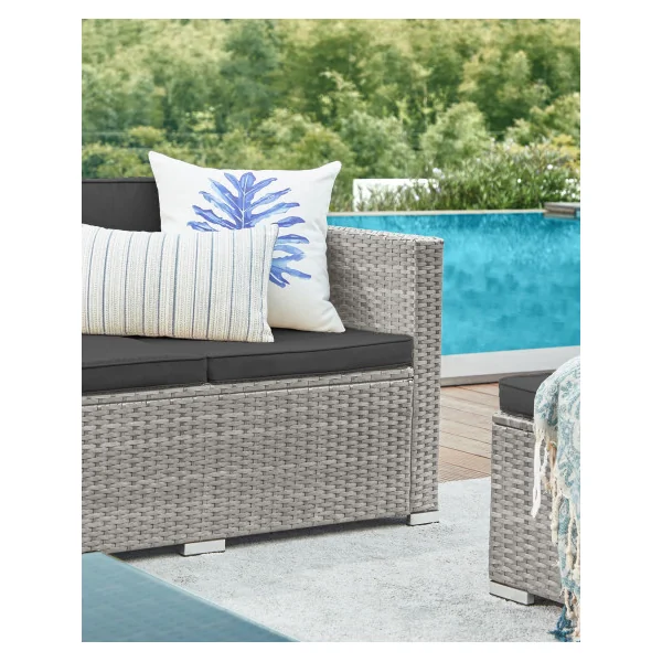 Salon de Jardin Extérieur Résine Tressée Grise Ensemble de Mobilier avec Coussins et Table Basse Plateau Verre