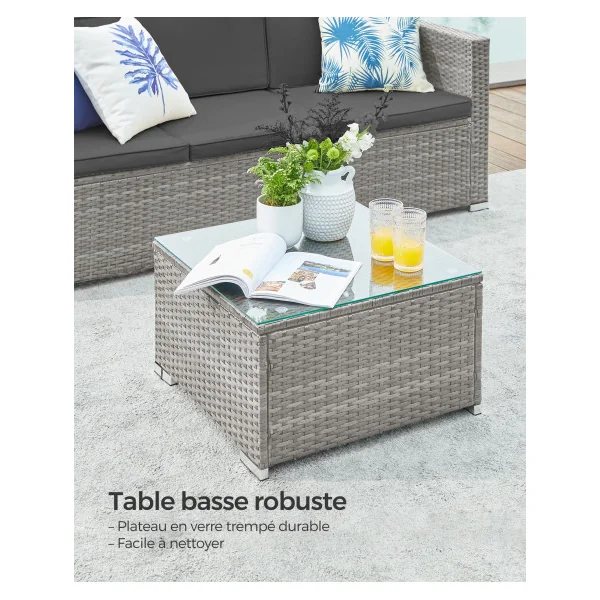 Salon de Jardin Extérieur Résine Tressée Grise Ensemble de Mobilier avec Coussins et Table Basse Plateau Verre