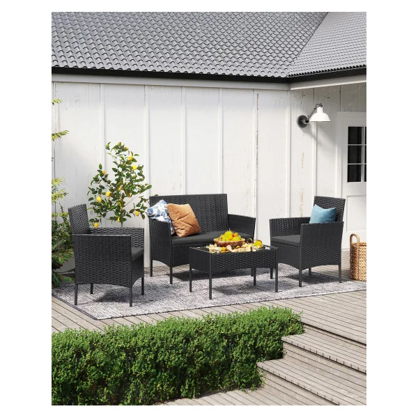 Salon de Jardin Résine Noir et Gris Ensemble de Mobilier Terrasse Balcon
