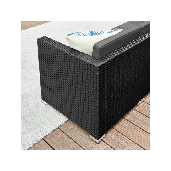 Salon de Jardin Résine Tressée Noir Coussin Gris 5 Pièces Ensemble de Mobilier Plateau Table Verre