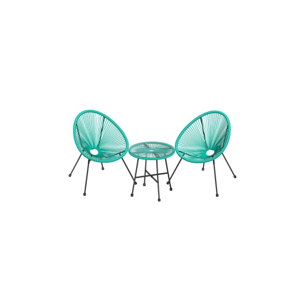 Salon de Jardin Turquoise 1 Table Plateau Verre 2 Chaises en Cordons en Polyéthylène