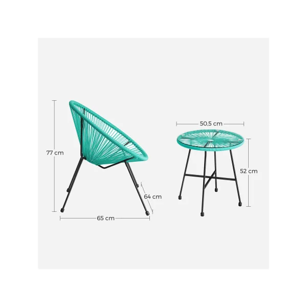 Salon de Jardin Turquoise 1 Table Plateau Verre 2 Chaises en Cordons en Polyéthylène