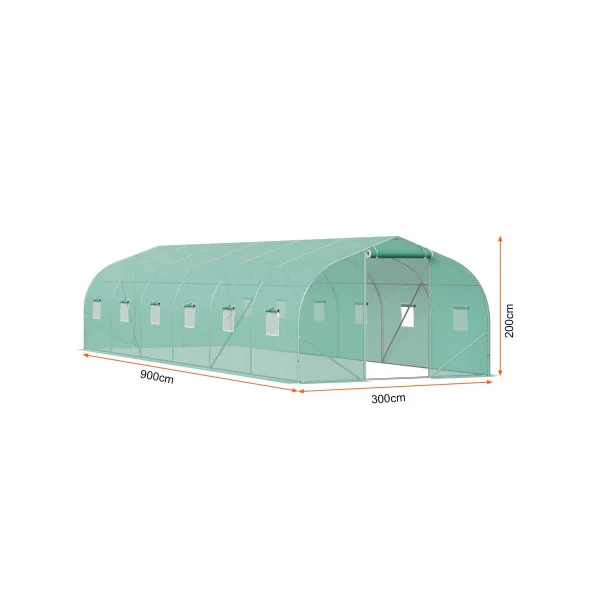 Serre de Jardin 9x3x2m Verte 1 Porte 12 Fenêtres Serre Tunnel Serre Potager Serre Maraichère 27m²