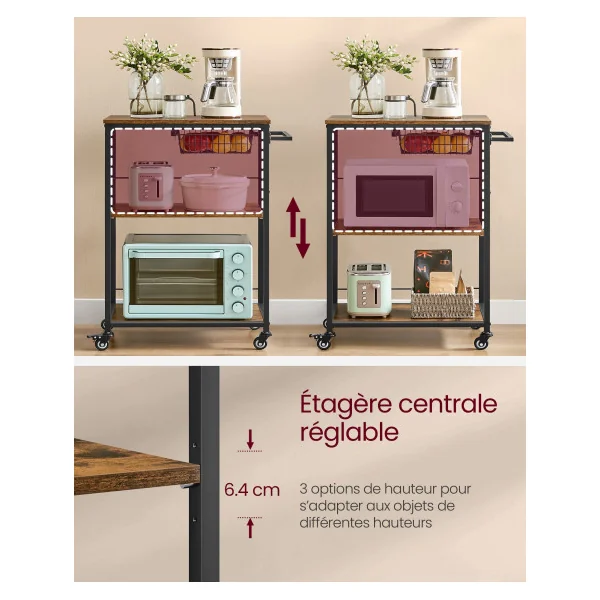 Servante de Cuisine Marron Rustique Chariot de Cuisine 3 Niveaux avec Panier et Crochets