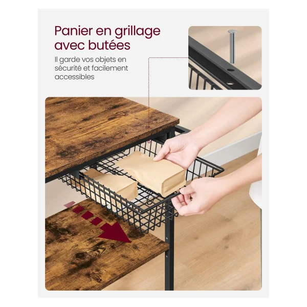 Servante de Cuisine Marron Rustique Chariot de Cuisine 3 Niveaux avec Panier et Crochets