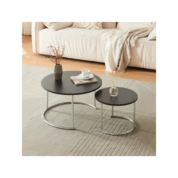 Set 2 Tables Basses Rondes Gigognes Acier Dorée Noir et Chrome