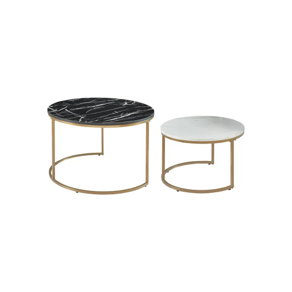 Set 2 Tables Basses Rondes Gigognes Acier Dorée Plateaux Imitation Marbre Noir et Blanc
