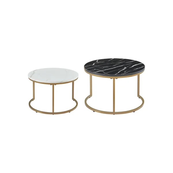 Set 2 Tables Basses Rondes Gigognes Acier Dorée Plateaux Imitation Marbre Noir et Blanc