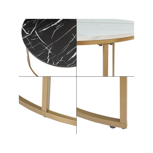 Set 2 Tables Basses Rondes Gigognes Acier Dorée Plateaux Imitation Marbre Noir et Blanc