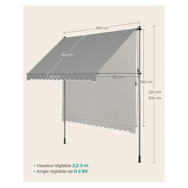 Store Banne Rétractable Manivelle Gris 300 x 120 cm Store Manuel