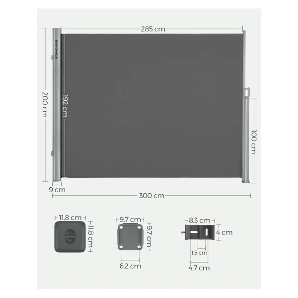 Store Simple Latéral Extractible 2x3 m Brise-Vue Pare-Soleil Gris Foncé