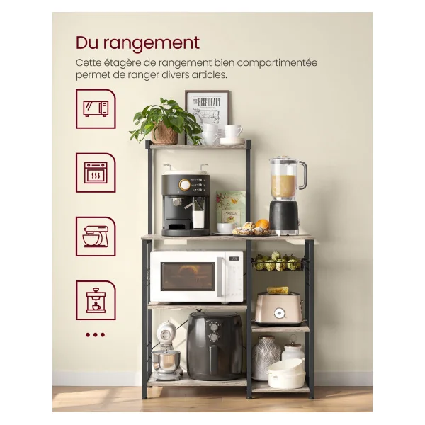 Support pour Four à Micro-Ondes avec Etagère Greige et Noir Rangement Cuisine