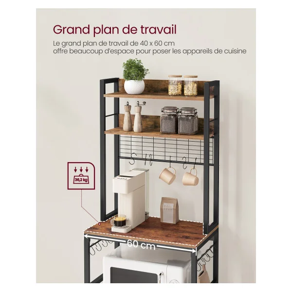 Support pour Micro-Ondes Étagère de Cuisine Multiprise 14 Crochets 60x40x170 cm Marron Rustique et Noir