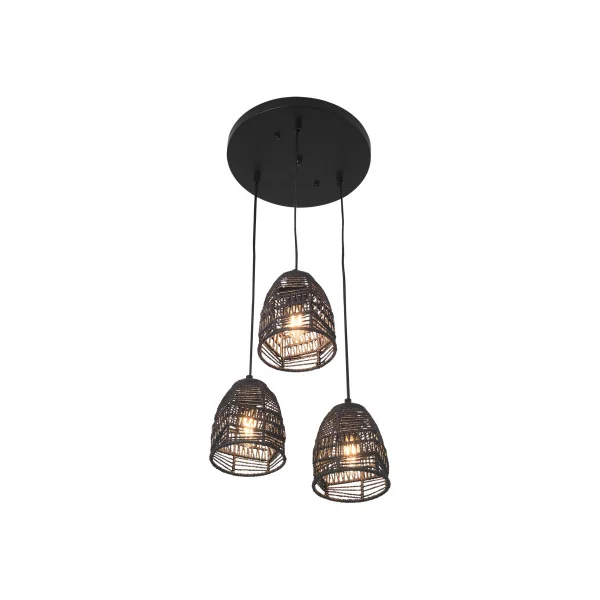 Suspension 3 x E14 Noir avec Abat-Jours Rotin Luminaire Intérieur Moderne